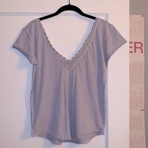 WE THE FREE light blue short sleeve v-neck top with lace trim